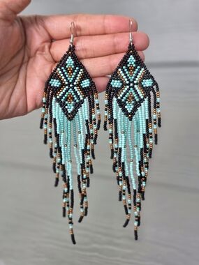 Turquoise Southwestern Fringe Beaded Earrings Handmade Boho Jewelry Boheme